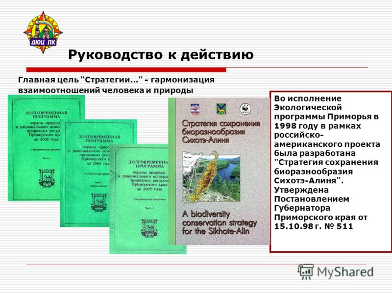 Руководство к действию Во исполнение Экологической программы Приморья в 1998 году в рамках российско- американского проекта была разработана 