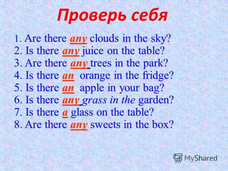 Проверь себя 1. Are there any clouds in the sky? 2. Is there any juice on the table? 3. Are there any trees in the park? 4. Is there an orange in the fridge? 5. Is there an apple in your bag? 6. Is there any grass in the garden? 7. Is there a glass o