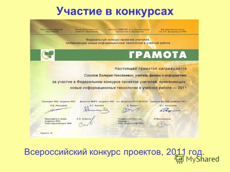 Участие в конкурсах Всероссийский конкурс проектов, 2011 год.