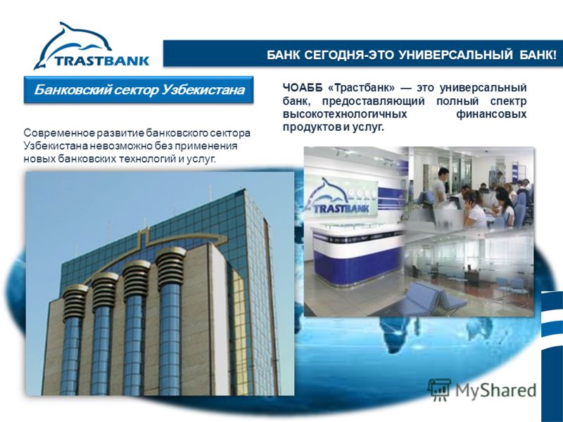 Банковский сектор Узбекистана Современное развитие банковского сектора Узбекистана невозможно без применения новых банковских технологий и услуг. ЧОАББ «Трастбанк» это универсальный банк, предоставляющий полный спектр высокотехнологичных финансовых п