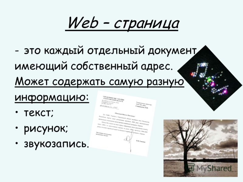 Web – страница -это каждый отдельный документ, имеющий собственный адрес. Может содержать самую разную информацию: текст; рисунок; звукозапись.
