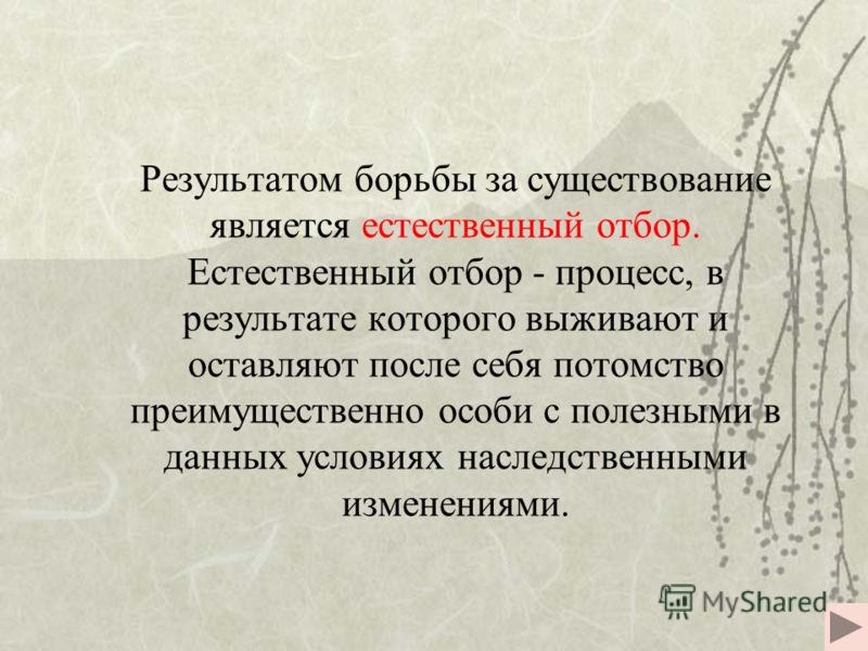 Презентация на тему: "Проверка Д/з А) Результат борьбы за существование, выражаю