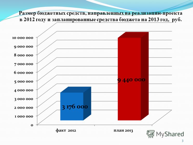3 Размер бюджетных средств, направленных на реализацию проекта в 2012 году и запланированные средства бюджета на 2013 год, руб.