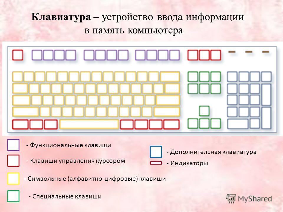Клавиатура – устройство ввода информации в память компьютера - Функциональные клавиши - Клавиши управления курсором - Символьные (алфавитно-цифровые) клавиши - Специальные клавиши - Дополнительная клавиатура - Индикаторы