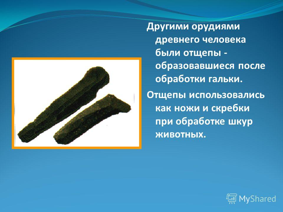 Другими орудиями древнего человека были отщепы - образовавшиеся после обработки гальки. Отщепы использовались как ножи и скребки при обработке шкур животных.