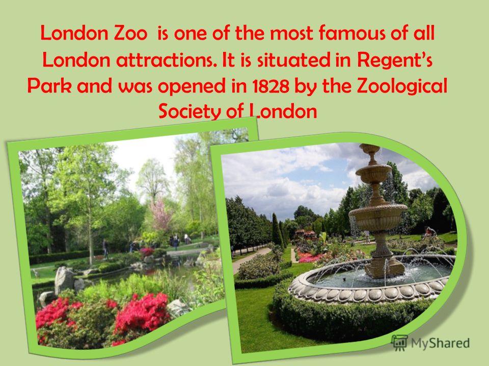 London Zoo is one of the most famous of all London attractions. It is situated in Regents Park and was opened in 1828 by the Zoological Society of London.
