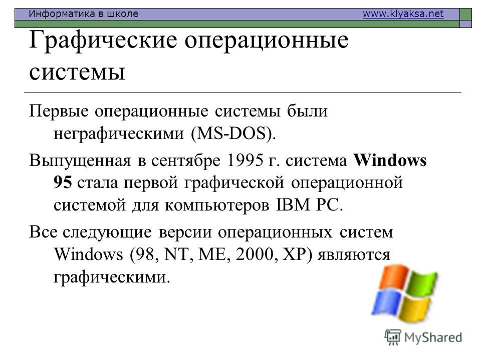 Информатика в школе www.klyaksa.netwww.klyaksa.net Графические операционные системы Первые операционные системы были неграфическими (MS-DOS). Выпущенная в сентябре 1995 г. система Windows 95 стала первой графической операционной системой для компьюте