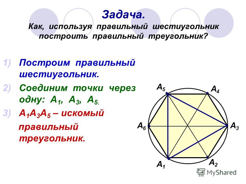 Задача. Как, используя правильный шестиугольник построить правильный треугольник? А 1 А 2 А 3 А 4 А 5 А 6 1)Построим правильный шестиугольник. 2)Соединим точки через одну: А 1, А 3, А 5. 3)А 1 А 3 А 5 – искомый правильный треугольник.