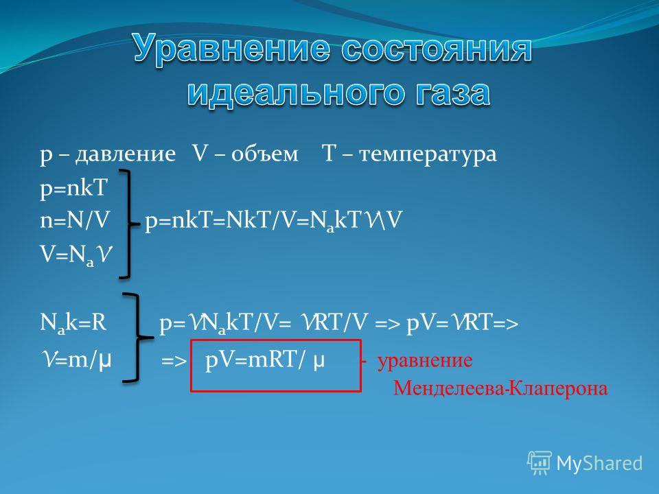 p – давление V – объем T – температура p=nkT n=N/V p=nkT=NkT/V=N a kT V \V V=N а V N а k=R p= V N a kT/V= V RT/V => pV= V RT=> V =m/ μ => pV=mRT/ μ - уравнение Менделеева - Клаперона