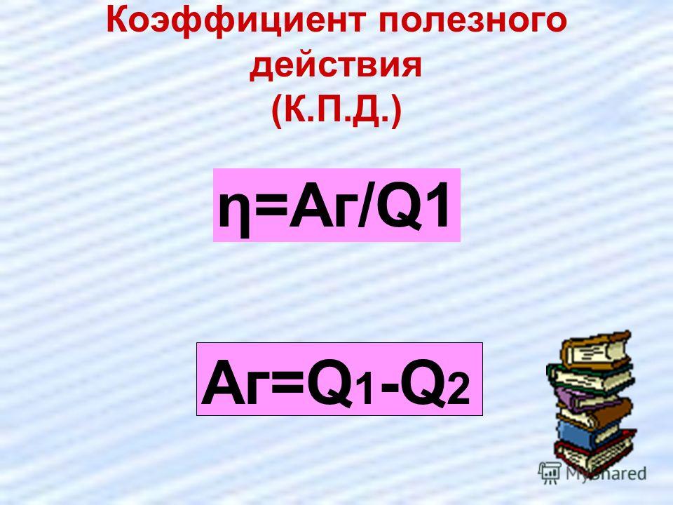 Коэффициент полезного действия (К.П.Д.) η=Aг/Q1 Aг=Q 1 -Q 2