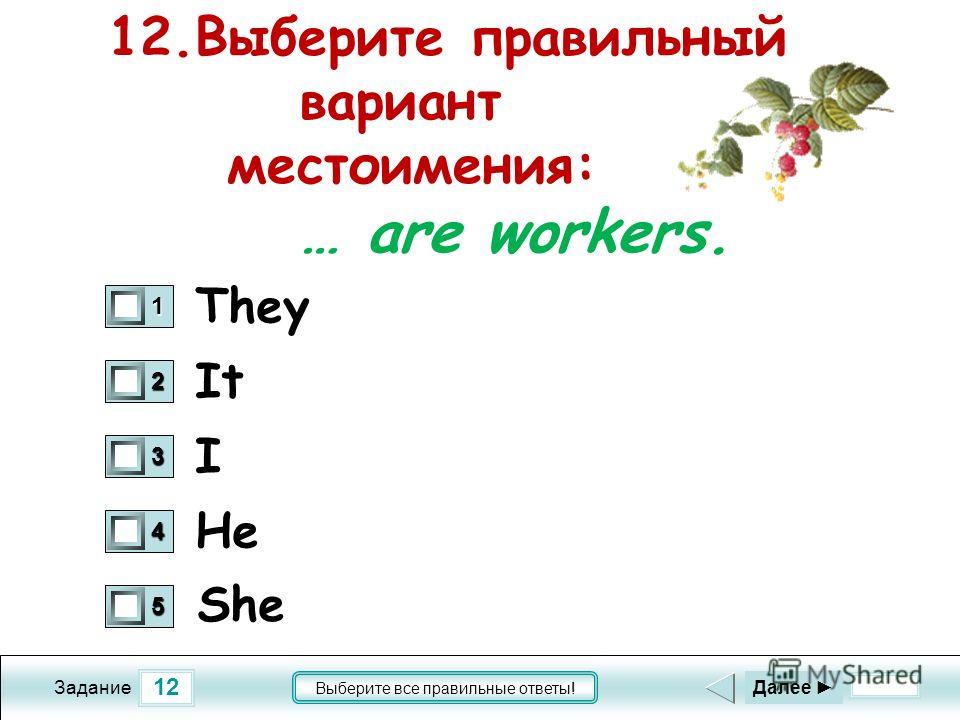 12 Задание Выберите все правильные ответы! 12.Выберите правильный вариант местоимения: … are workers. It I He 1 0 2 0 3 0 4 0 5 0 Далее They She