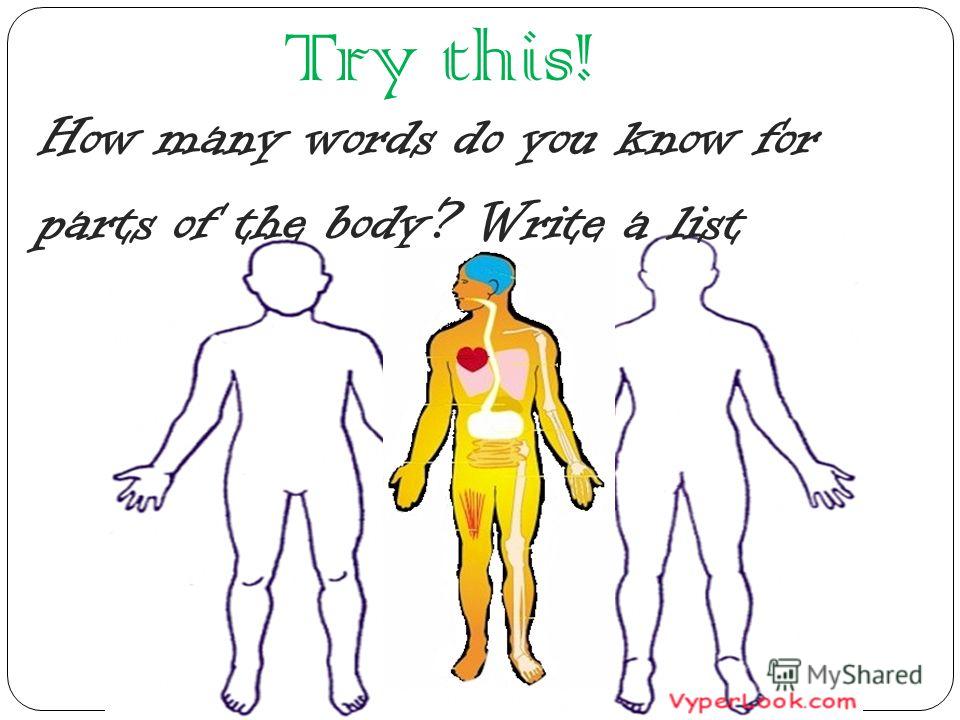 Try this! How many words do you know for parts of the body? Write a list