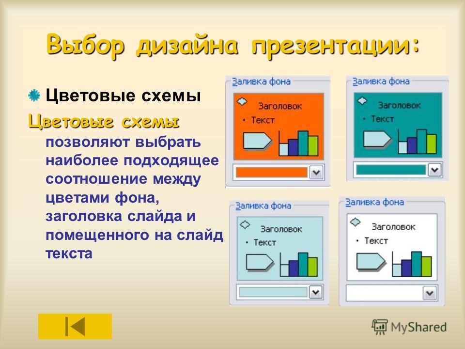 Выбор дизайна презентации: Цветовые схемы Цветовые схемы Цветовые схемы позволяют выбрать наиболее подходящее соотношение между цветами фона, заголовка слайда и помещенного на слайд текста