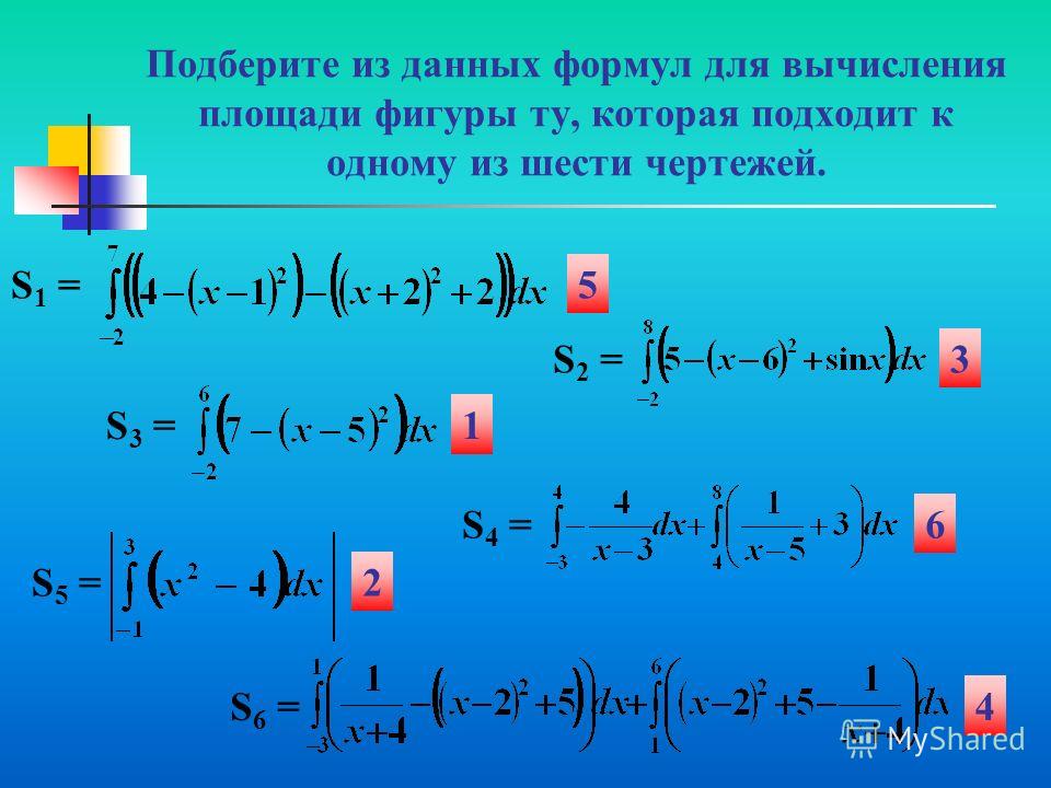 Подберите из данных формул для вычисления площади фигуры ту, которая подходит к одному из шести чертежей. S 1 = S 2 = S 3 = S 4 = S 5 = S 6 = 5 1 2 3 4 6