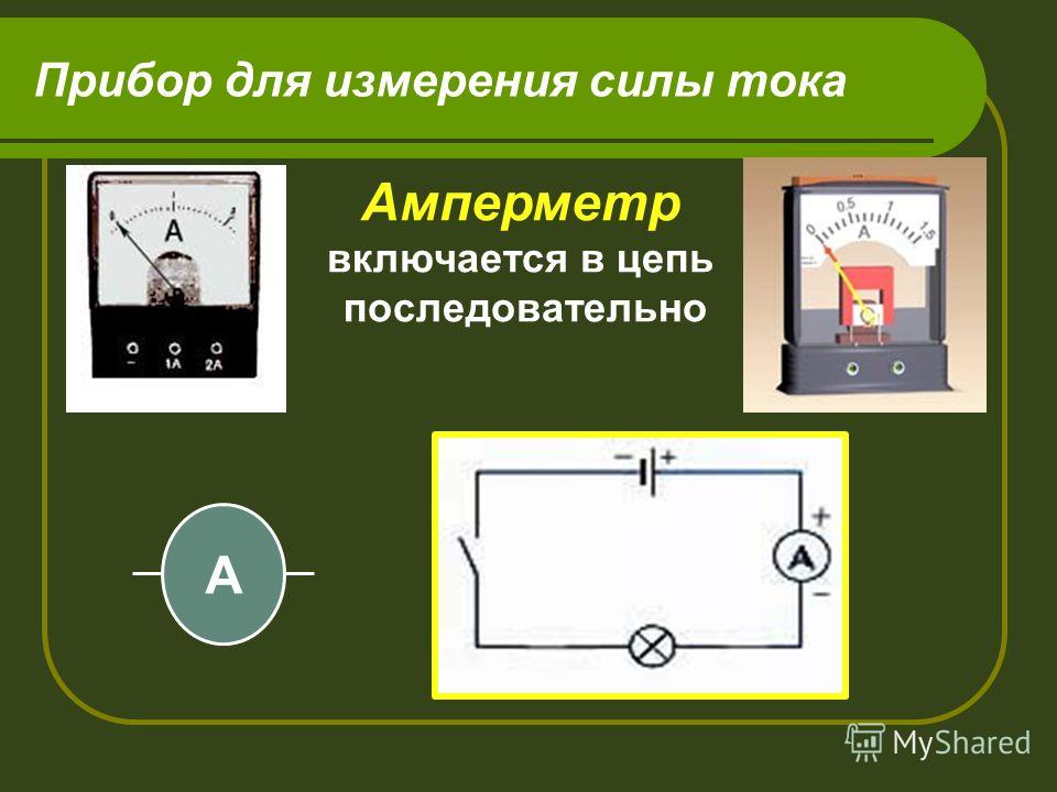 Прибор для измерения силы тока Амперметр включается в цепь последовательно А