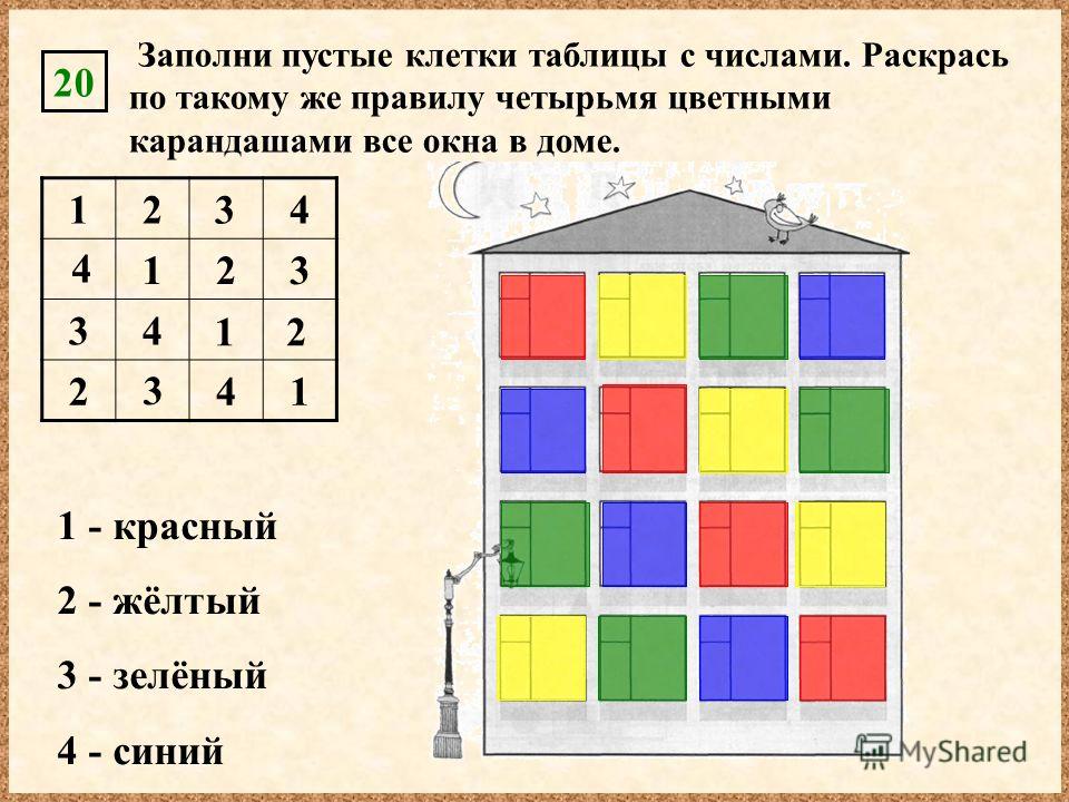 124 123 34 241 20 Заполни пустые клетки таблицы с числами. Раскрась по такому же правилу четырьмя цветными карандашами все окна в доме. 1 - красный 2 - жёлтый 3 - зелёный 4 - синий 3 4 3 12