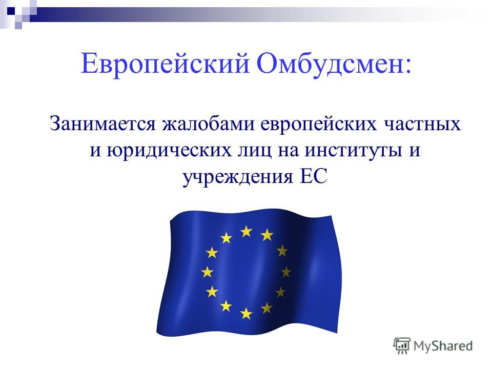Европейский Омбудсмен: Занимается жалобами европейских частных и юридических лиц на институты и учреждения ЕС