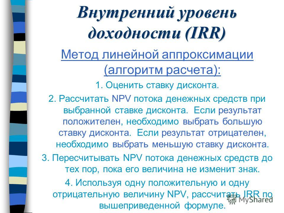 Определение IRR методом линейной аппроксимации IRR=r 1 +{f(r 1 ):[f(r 1 )-f(r 2 )]}*(r 2 -r 1 ) r 1 - более низкая ставка дисконта r 2 - более высокая ставка дисконта f(r 1 ) - NPV при более низкой ставке дисконта f(r 2 ) - NPV при более высокой став