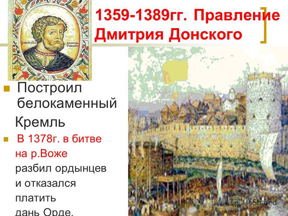 1359-1389гг. Правление Дмитрия Донского Построил белокаменный Кремль В 1378г. в битве на р.Воже разбил ордынцев и отказался платить дань Орде.