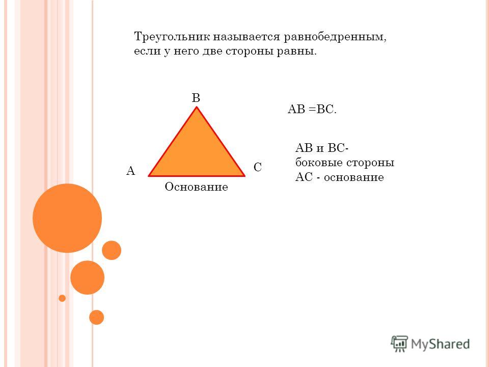 Треугольник называется равнобедренным, если у него две стороны равны. А В С Основание АВ =ВС. АВ и ВС- боковые стороны АС - основание