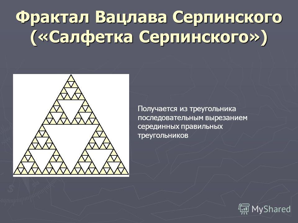 Фрактал Вацлава Серпинского («Салфетка Серпинского») Получается из треугольника последовательным вырезанием серединных правильных треугольников