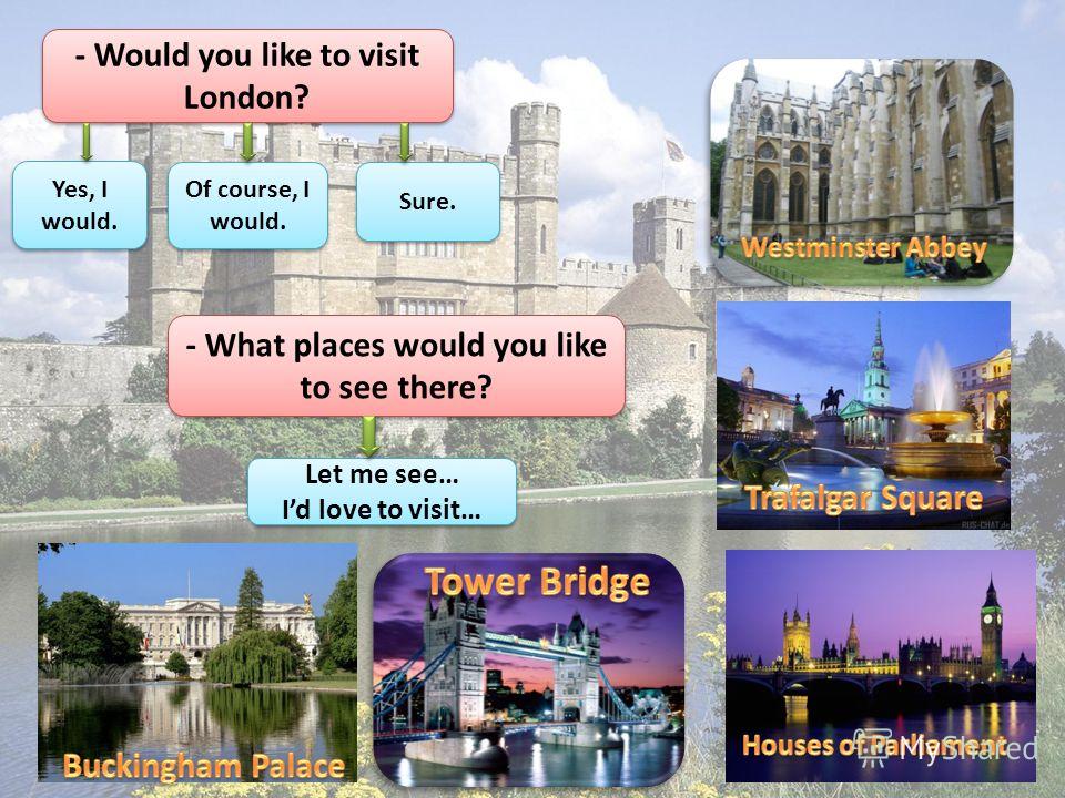 - Would you like to visit London? Of course, I would. Sure. Yes, I would. - What places would you like to see there? Let me see… Id love to visit… Let me see… Id love to visit…