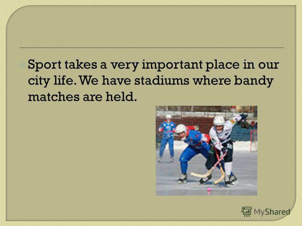 Sport takes a very important place in our city life. We have stadiums where bandy matches are held.