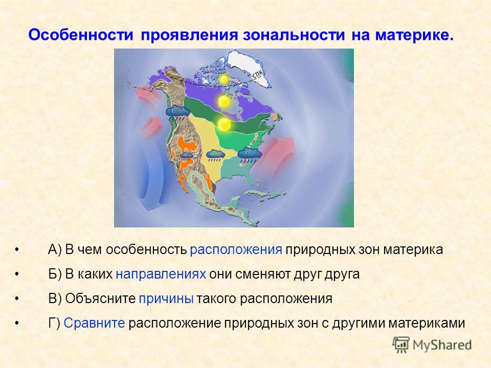 Особенности проявления зональности на материке. А) В чем особенность расположения природных зон материка Б) В каких направлениях они сменяют друг друга В) Объясните причины такого расположения Г) Сравните расположение природных зон с другими материка