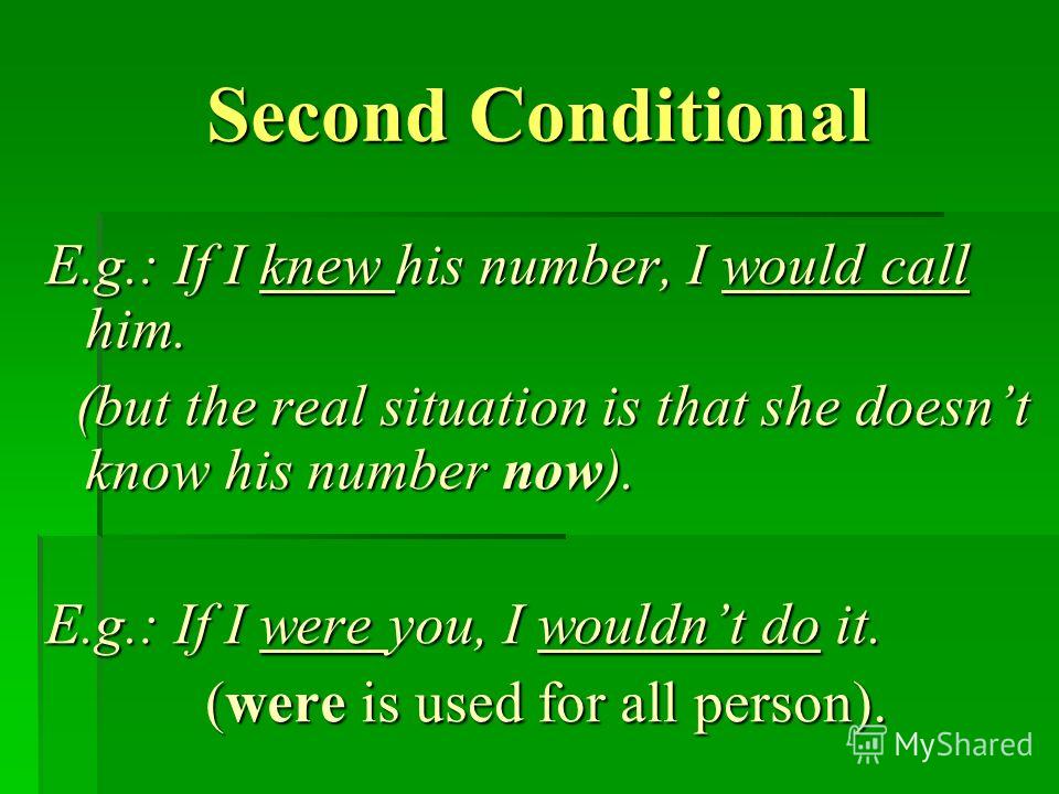 Second Conditional E.g.: If I knew his number, I would call him. (but the real situation is that she doesnt know his number now). (but the real situation is that she doesnt know his number now). E.g.: If I were you, I wouldnt do it. (were is used for