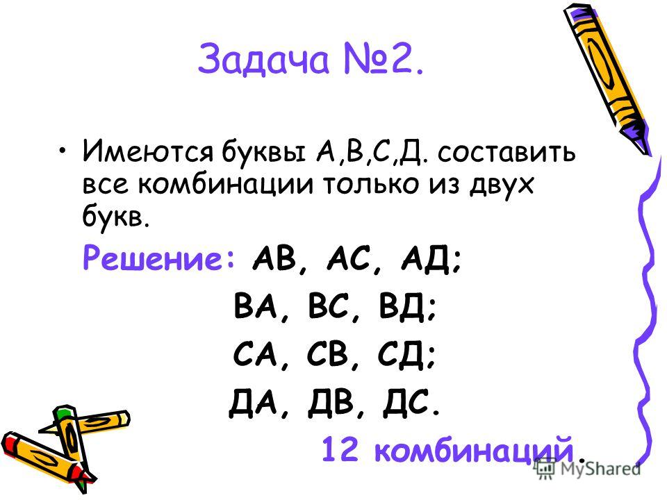 Задача 2. Имеются буквы А,В,С,Д. составить все комбинации только из двух букв. Решение: АВ, АС, АД; ВА, ВС, ВД; СА, СВ, СД; ДА, ДВ, ДС. 12 комбинаций.