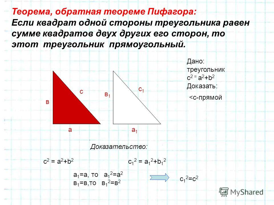 Теорема, обратная теореме Пифагора: Если квадрат одной стороны треугольника равен сумме квадратов двух других его сторон, то этот треугольник прямоугольный. а в с в1в1 а1а1 с1с1 Дано: треугольник с 2 = a 2 +b 2 Доказать: 