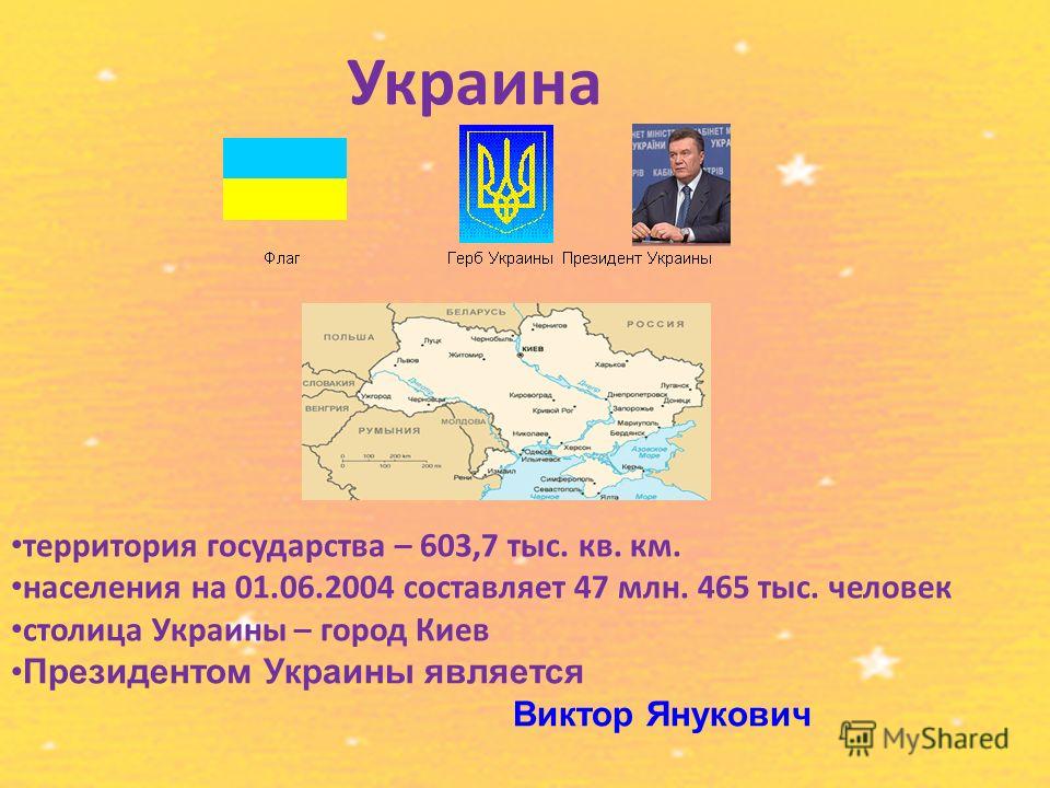 Украина территория государства – 603,7 тыс. кв. км. населения на 01.06.2004 составляет 47 млн. 465 тыс. человек столица Украины – город Киев Президентом Украины является Виктор Янукович
