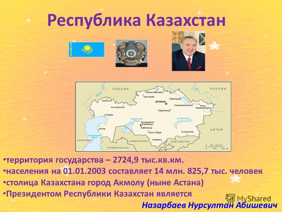 Республика Казахстан территория государства – 2724,9 тыс.кв.км. населения на 01.01.2003 составляет 14 млн. 825,7 тыс. человек столица Казахстана город Акмолу (ныне Астана) Президентом Республики Казахстан является Назарбаев Нурсултан Абишевич