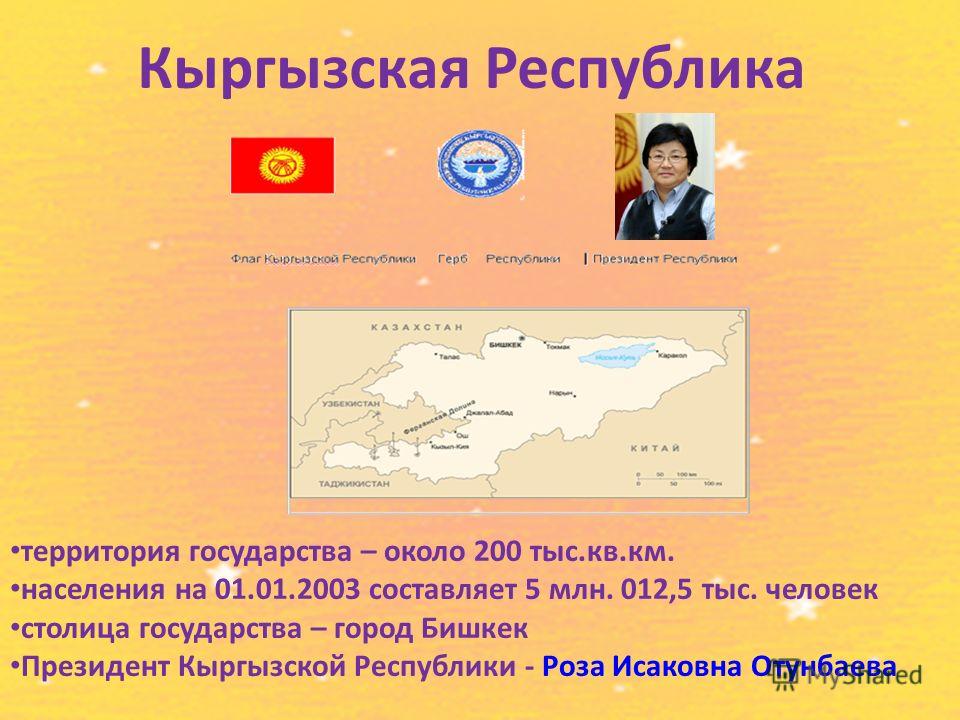 Кыргызская Республика территория государства – около 200 тыс.кв.км. населения на 01.01.2003 составляет 5 млн. 012,5 тыс. человек столица государства – город Бишкек Президент Кыргызской Республики - Роза Исаковна Отунбаева