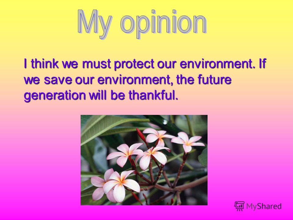 I think we must protect our environment. If we save our environment, the future generation will be thankful. I think we must protect our environment. If we save our environment, the future generation will be thankful.