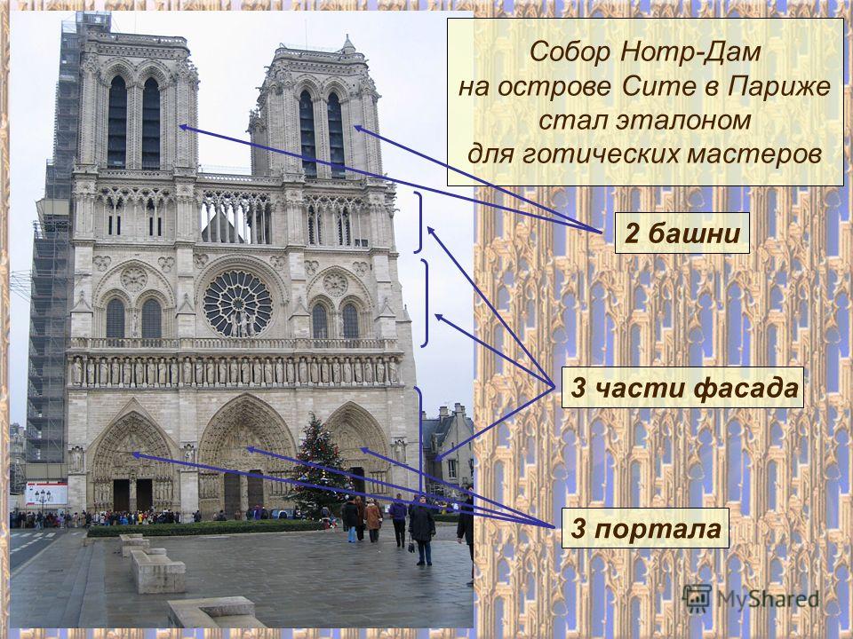 Собор Нотр-Дам на острове Сите в Париже стал эталоном для готических мастеров 2 башни 3 части фасада 3 портала