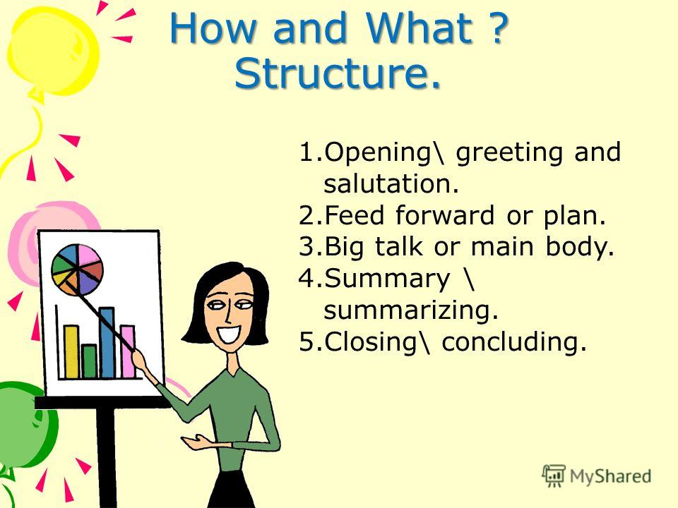 How and What ? Structure. 1.Opening\ greeting and salutation. 2.Feed forward or plan. 3.Big talk or main body. 4.Summary \ summarizing. 5.Closing\ concluding.
