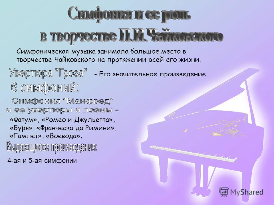 Симфоническая музыка занимала большое место в творчестве Чайковского на протяжении всей его жизни. - Его значительное произведение «Фатум», «Ромео и Джульетта», «Буря», «Франческа да Римини», «Гамлет», «Воевода». 4-ая и 5-ая симфонии