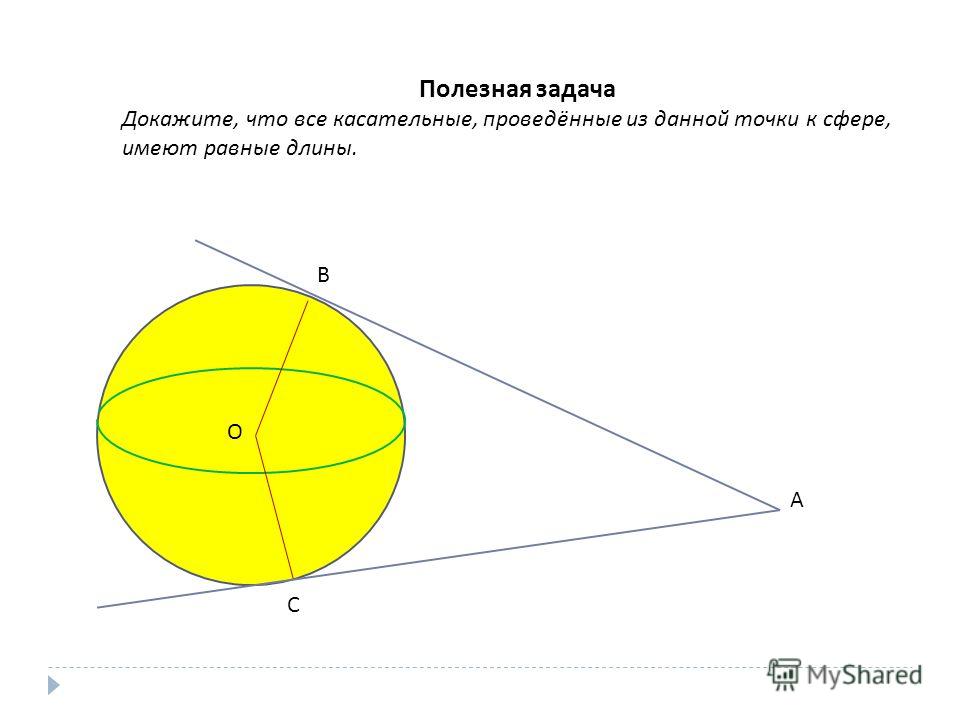 Полезная задача Докажите, что все касательные, проведённые из данной точки к сфере, имеют равные длины. О А В С