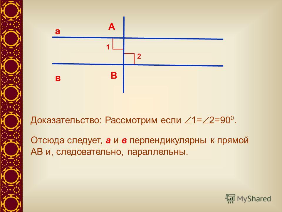 а в А В 1 2 Доказательство: Рассмотрим если 1= 2=90 0. Отсюда следует, а и в перпендикулярны к прямой АВ и, следовательно, параллельны.