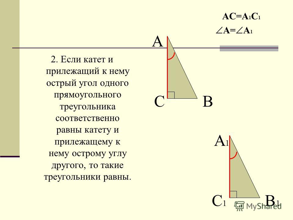 2. Если катет и прилежащий к нему острый угол одного прямоугольного треугольника соответственно равны катету и прилежащему к нему острому углу другого, то такие треугольники равны. АС=А 1 С 1 А= А 1 А ВС А1А1 В1В1 С1С1