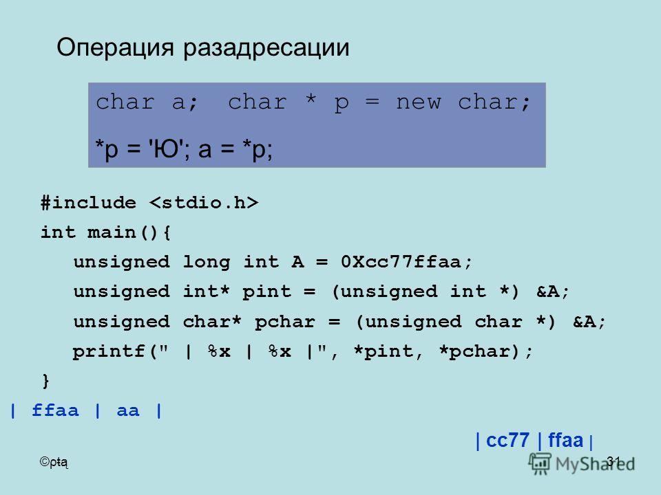 ©ρŧą31 Операция разадресации char a;char * p = new char; *p = 'Ю'; a = *p; #include int main(){ unsigned long int A = 0Xсс77ffaa; unsigned int* pint = (unsigned int *) &A; unsigned char* pchar = (unsigned char *) &A; printf(