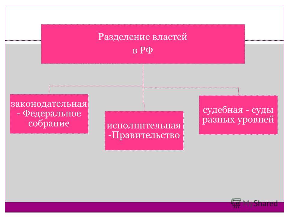 Разделение властей в РФ законодательная - Федеральное собрание исполнительная -Правительство судебная - суды разных уровней