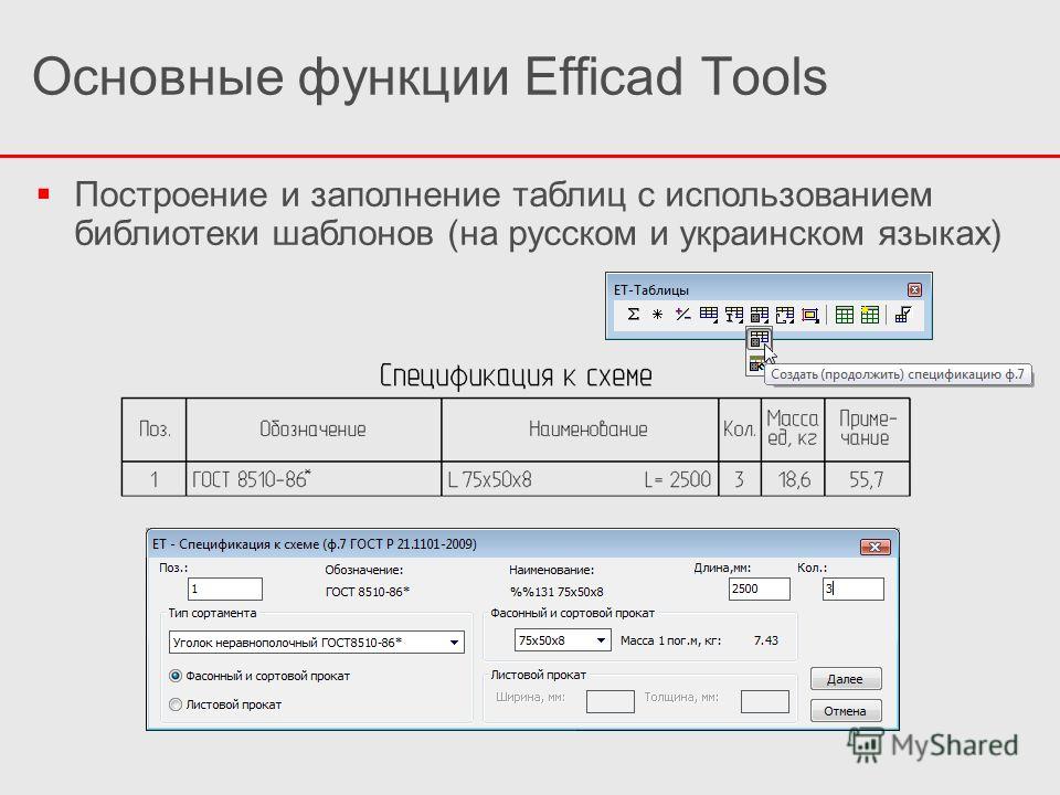 Основные функции Efficad Tools Построение и заполнение таблиц с использованием библиотеки шаблонов (на русском и украинском языках)