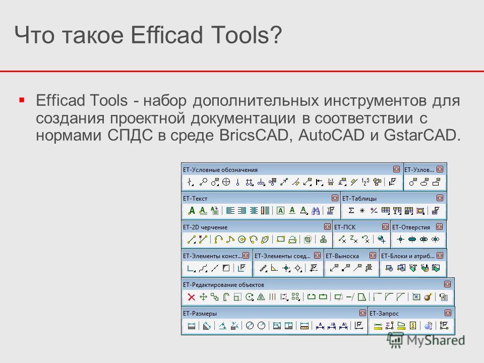 Что такое Efficad Tools? Efficad Tools - набор дополнительных инструментов для создания проектной документации в соответствии с нормами СПДС в среде BricsCAD, AutoCAD и GstarCAD.