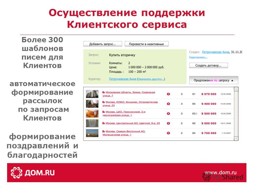 Осуществление поддержки Клиентского сервиса www.dom.ru Более 300 шаблонов писем для Клиентов автоматическое формирование рассылок по запросам Клиентов формирование поздравлений и благодарностей