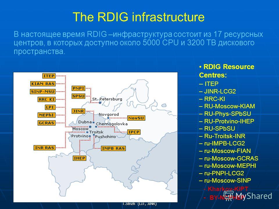 T.Strizh (LIT, JINR) В настоящее время RDIG –инфраструктура состоит из 17 ресурсных центров, в которых доступно около 5000 CPU и 3200 TB дискового пространства. The RDIG infrastructure RDIG Resource Centres: – ITEP – JINR-LCG2 – RRC-KI – RU-Moscow-KI