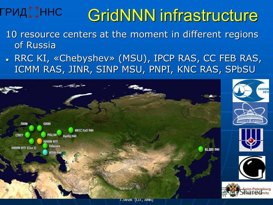 T.Strizh (LIT, JINR) 41 GridNNN infrastructure 10 resource centers at the moment in different regions of Russia RRC KI, «Chebyshev» (MSU), IPCP RAS, CC FEB RAS, ICMM RAS, JINR, SINP MSU, PNPI, KNC RAS, SPbSU RRC KI, «Chebyshev» (MSU), IPCP RAS, CC FE
