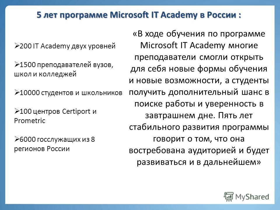 5 лет программе Microsoft IT Academy в России : 200 IT Academy двух уровней 1500 преподавателей вузов, школ и колледжей 10000 студентов и школьников 100 центров Certiport и Prometric 6000 госслужащих из 8 регионов России «В ходе обучения по программе