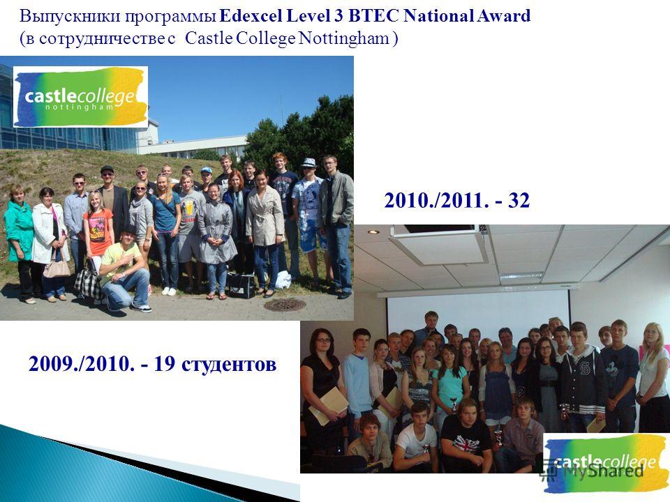Выпускники программы Edexcel Level 3 BTEC National Award (в сотрудничестве с Castle College Nottingham ) 2009./2010. - 19 студентов 2010./2011. - 32